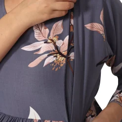 Baby Moo Half Bell Sleeves Comfortable Nursing And Maternity Dress Flower Print - Grey