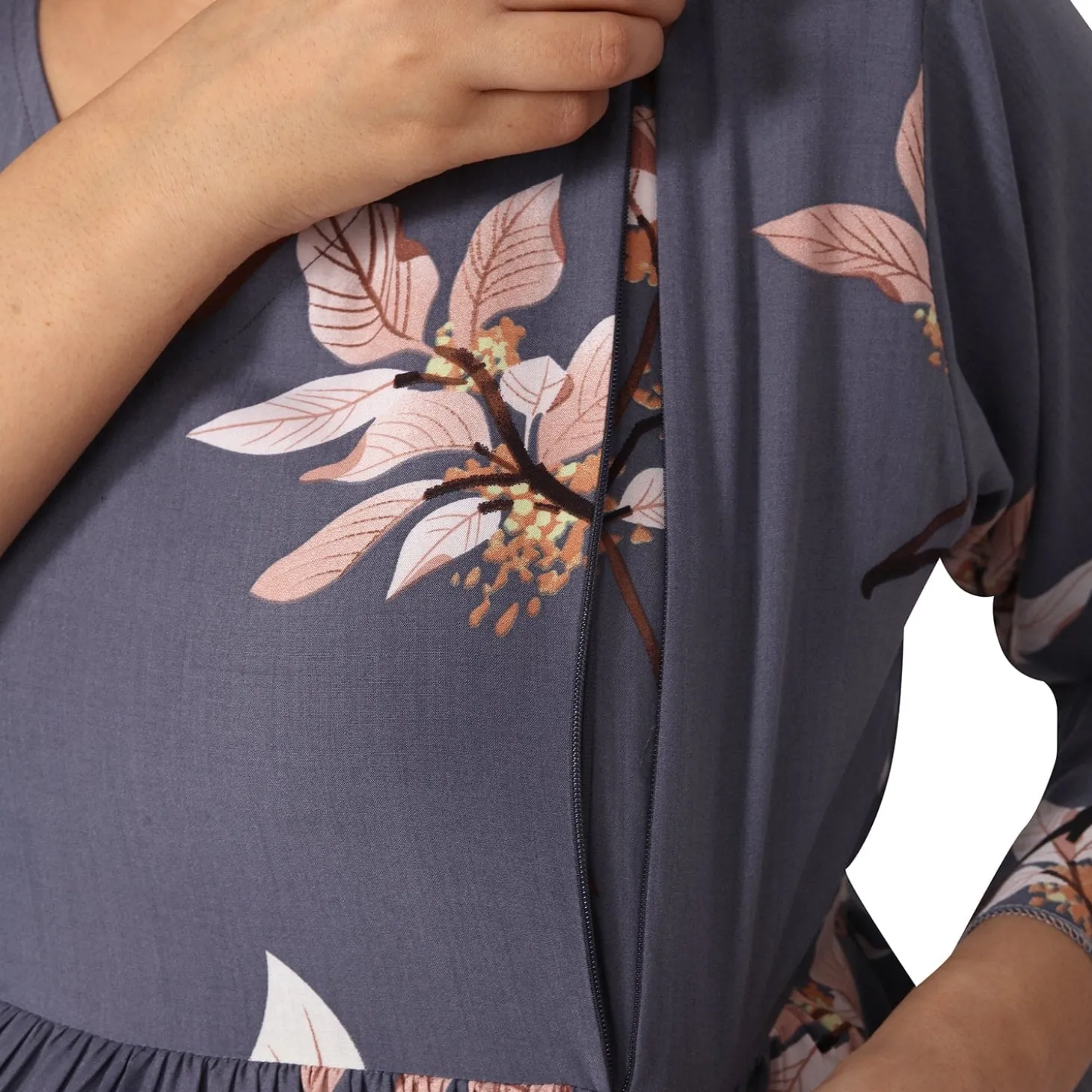 Baby Moo Half Bell Sleeves Comfortable Nursing And Maternity Dress Flower Print - Grey