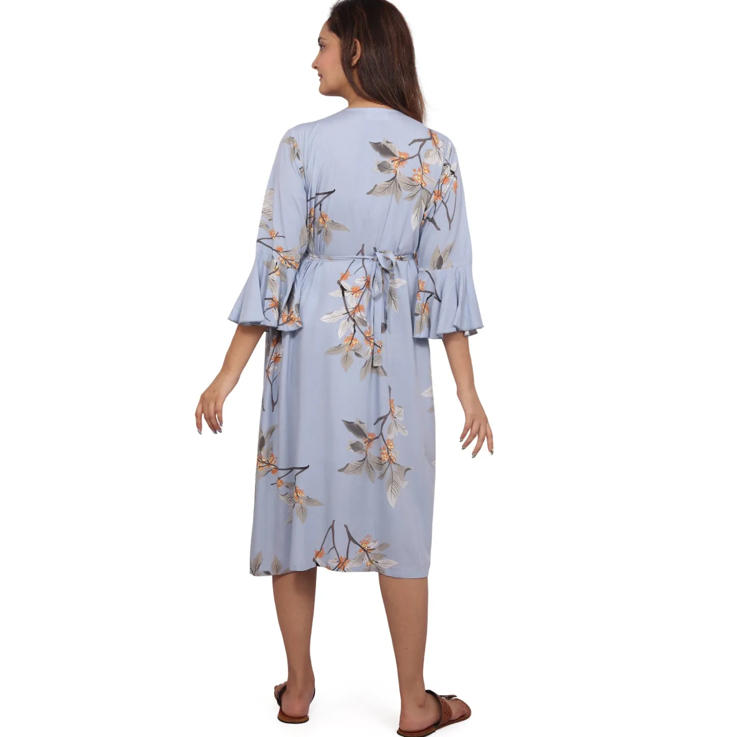 Baby Moo Half Bell Sleeves Comfortable Nursing And Maternity Dress Flower Print - Blue