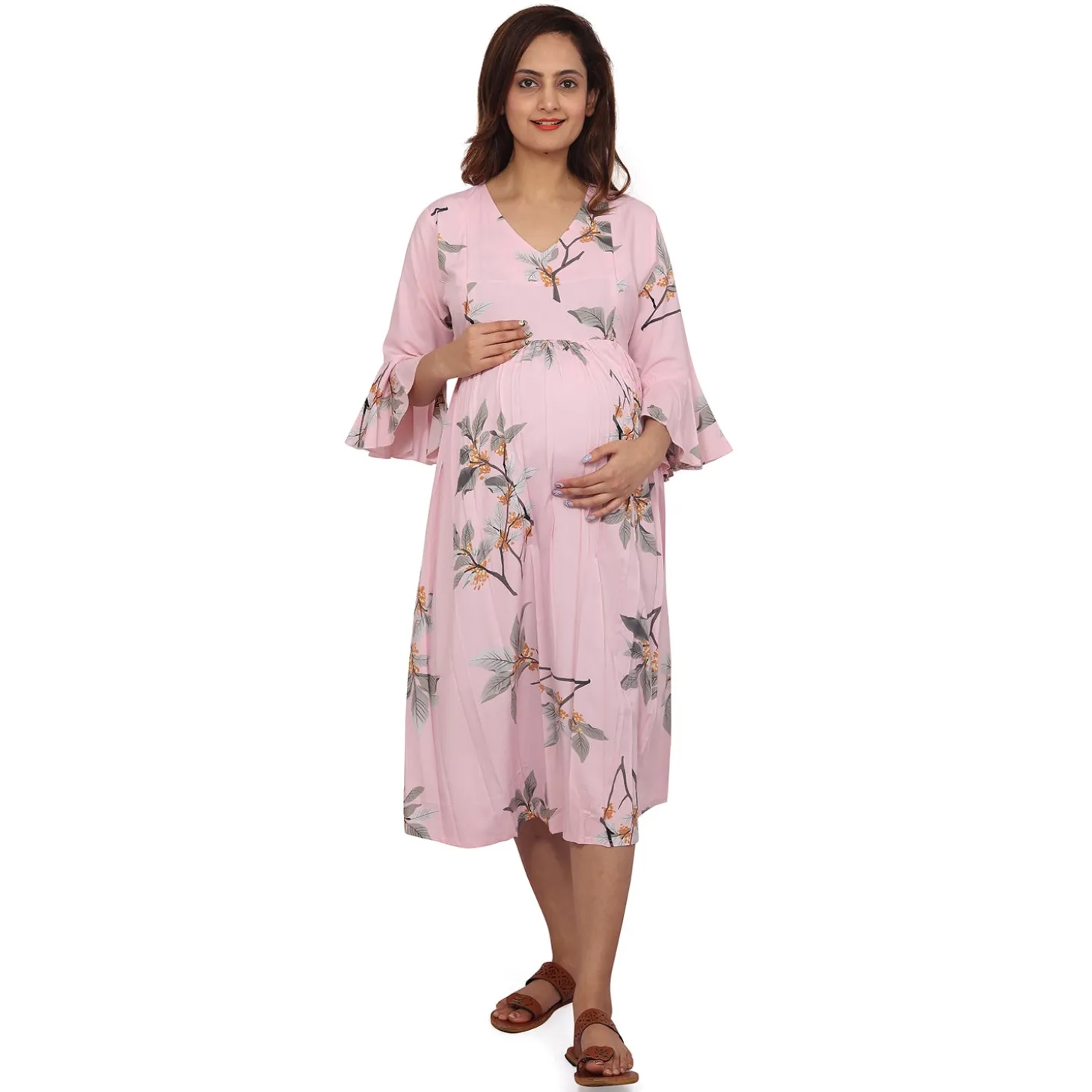 Baby Moo Half Sleeves Comfortable Nursing And Maternity Dress Flower Print - Pink