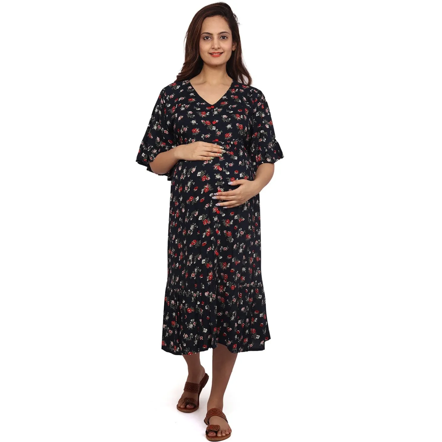 Baby Moo Half Sleeves Comfortable Nursing And Maternity Dress With Pocket Floral - Blue