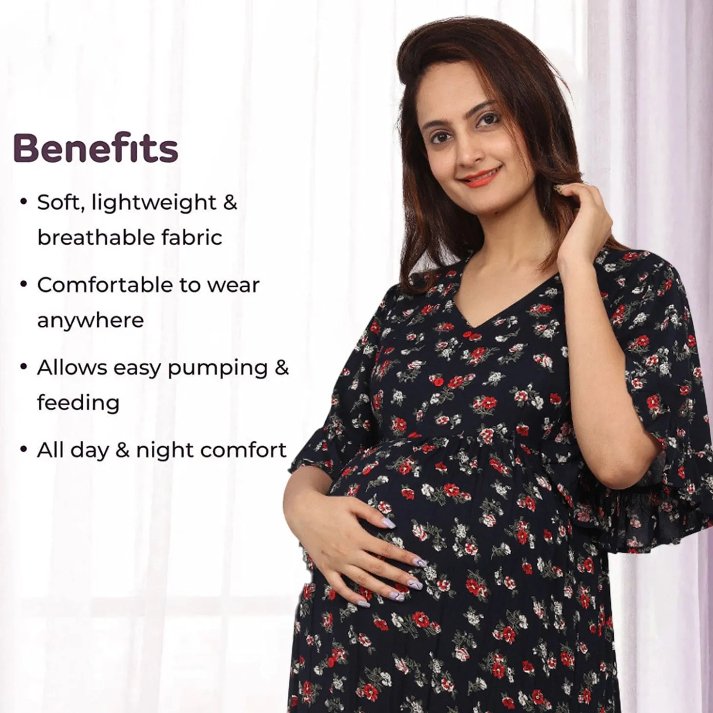 Baby Moo Half Sleeves Comfortable Nursing And Maternity Dress With Pocket Floral - Blue