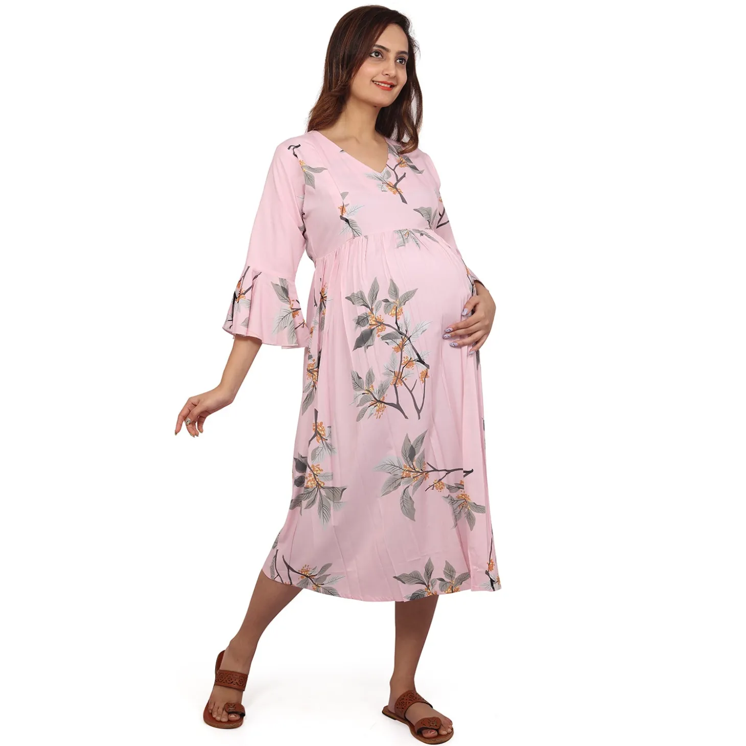 Baby Moo Half Sleeves Comfortable Nursing And Maternity Dress Flower Print - Pink