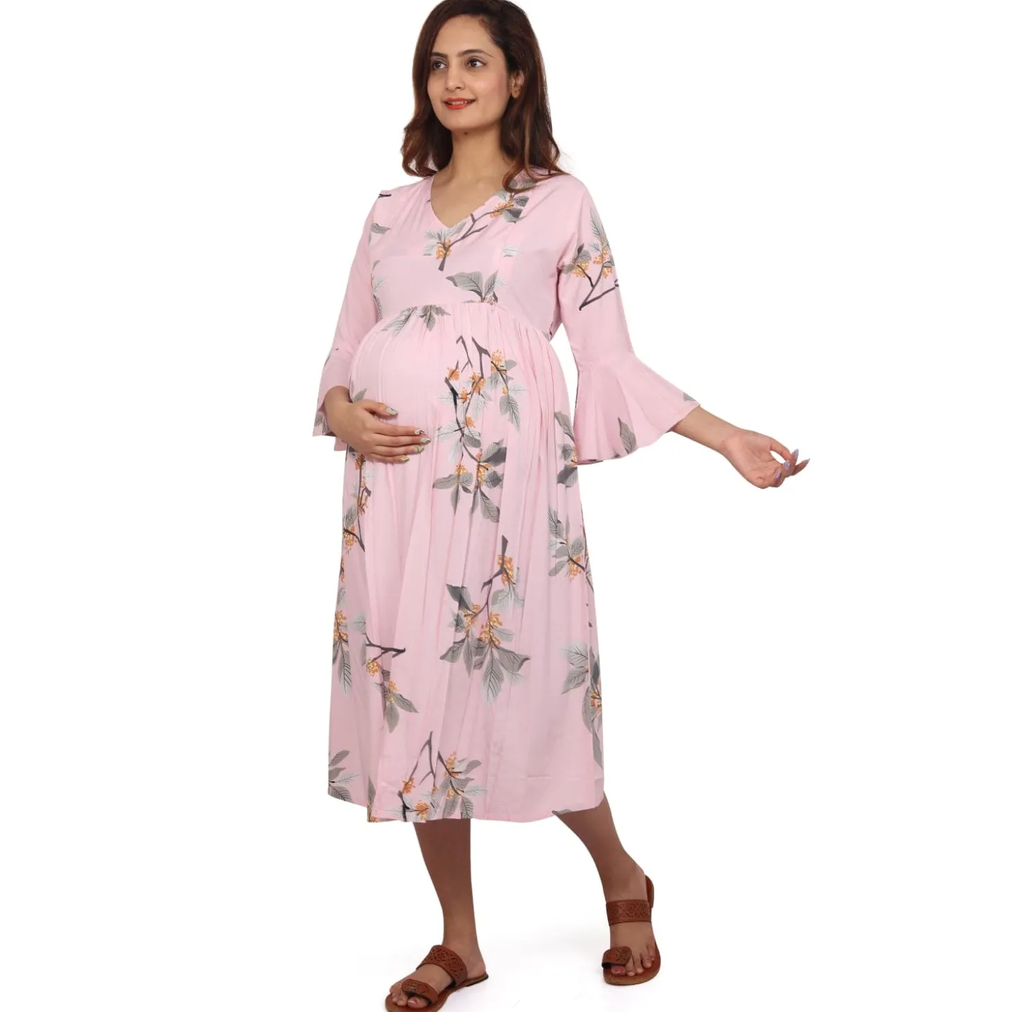 Baby Moo Half Sleeves Comfortable Nursing And Maternity Dress Flower Print - Pink