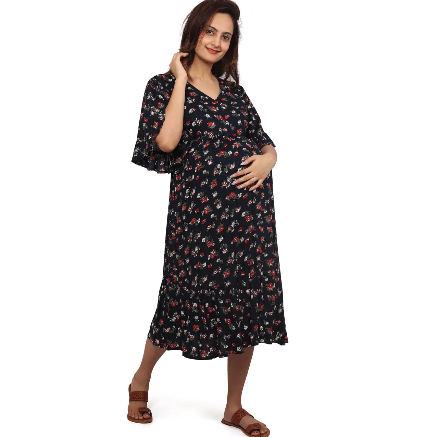 Baby Moo Half Sleeves Comfortable Nursing And Maternity Dress With Pocket Floral - Blue