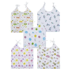 Baby Moo Happy Sweet Stars Round Neck Sleeveless Tie Knot Cotton Jhablas 5 Pcs - Orange, Multicolour