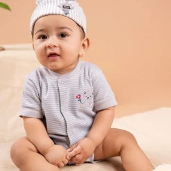 Baby Moo Happy Teddy Embroidered Soft Cotton Short Romper - Grey