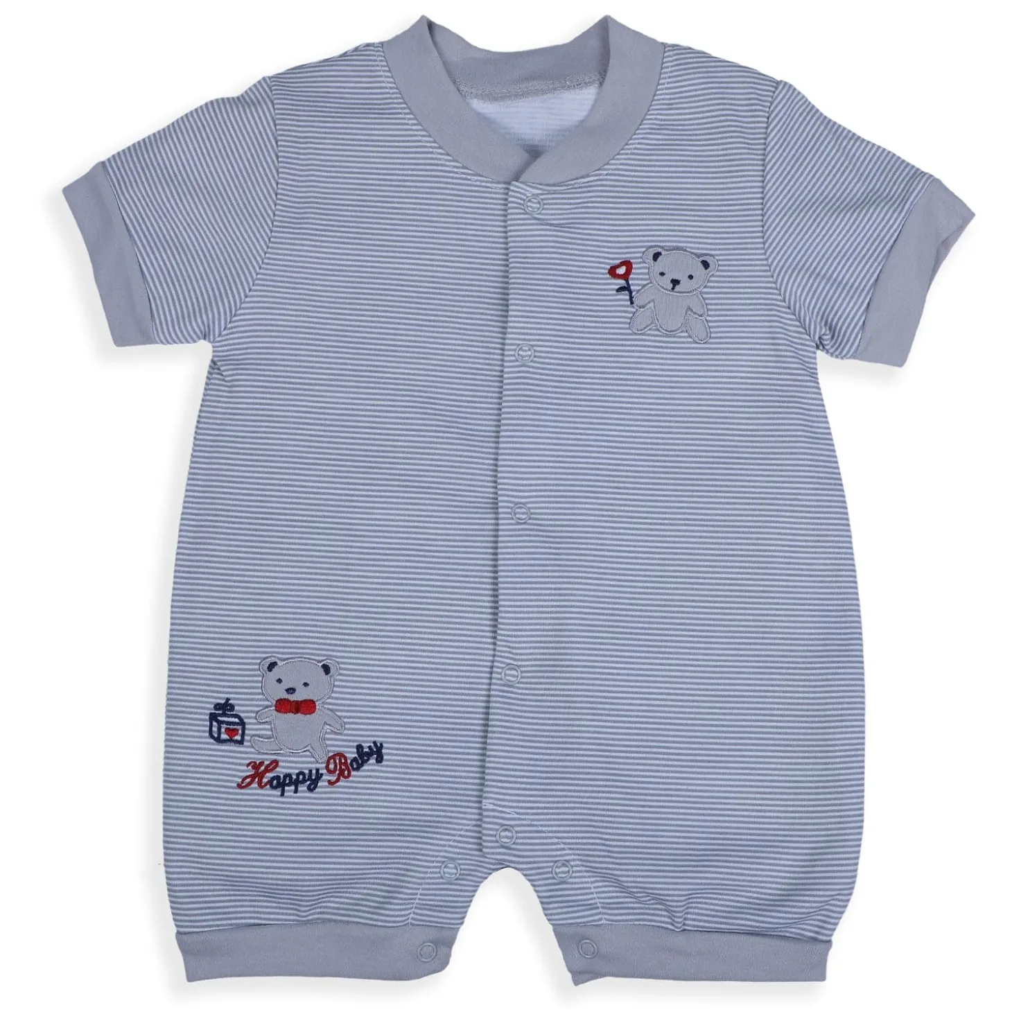 Baby Moo Happy Teddy Embroidered Soft Cotton Short Romper - Grey