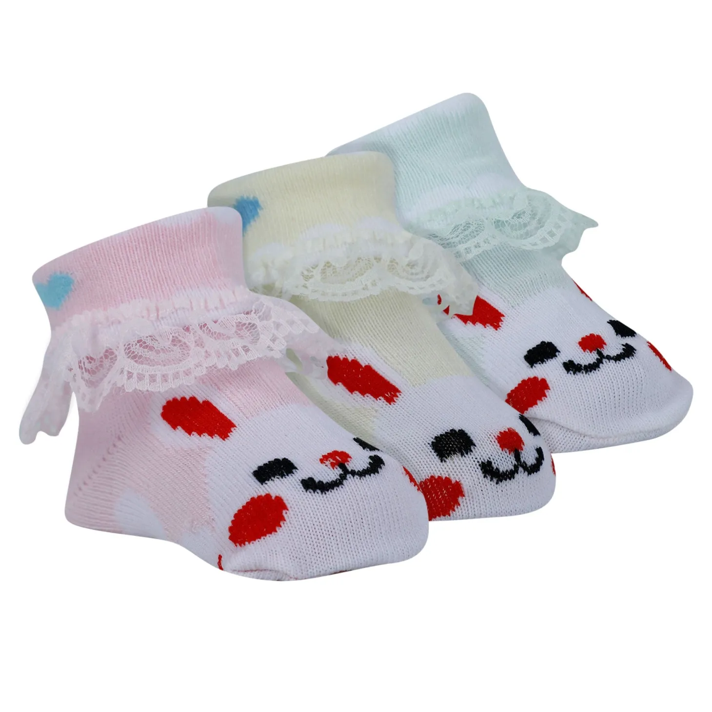 Baby Moo Heart Print Soft Lace Socks Pack of 3 - Pink, Mint Green