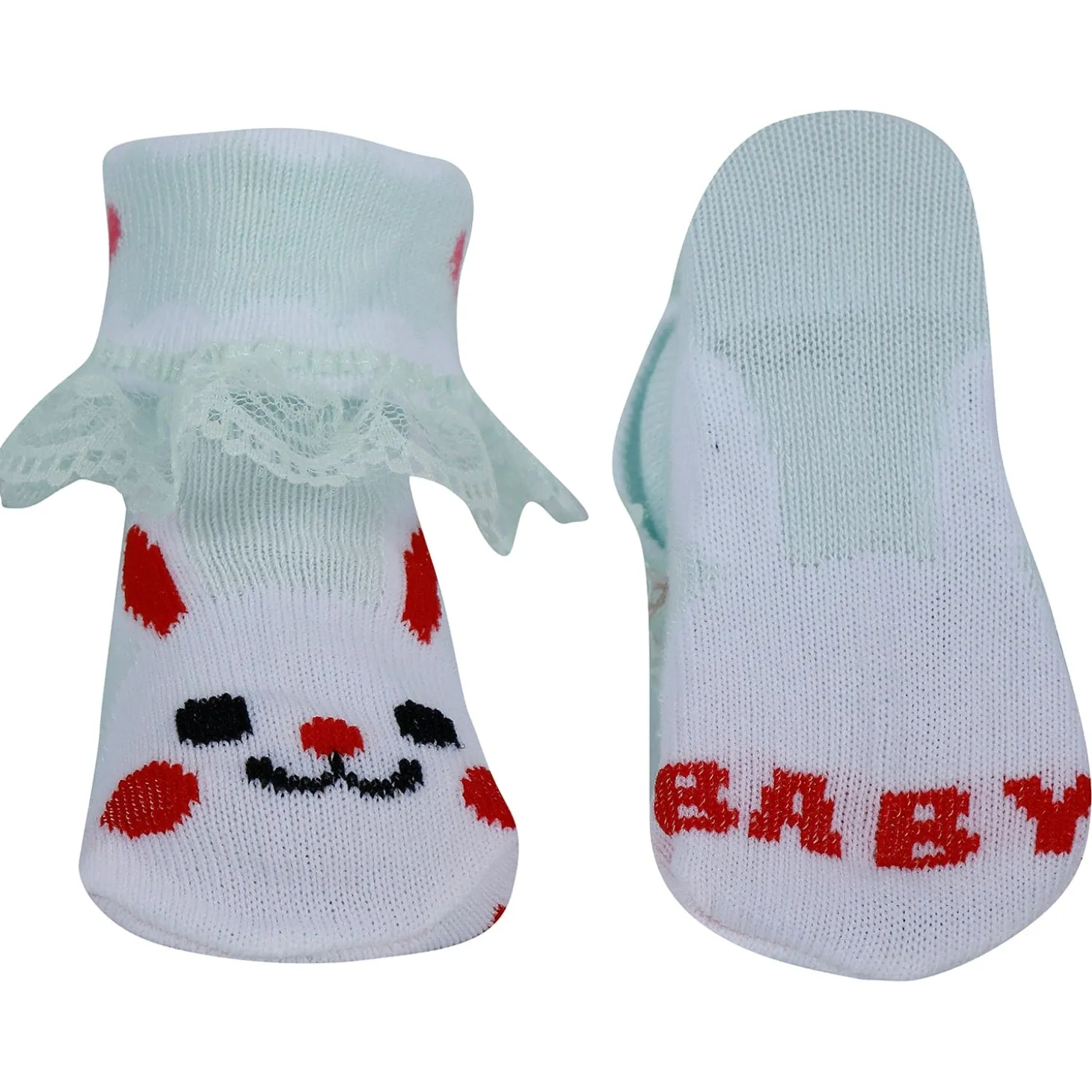 Baby Moo Heart Print Soft Lace Socks Pack of 3 - Pink, Mint Green