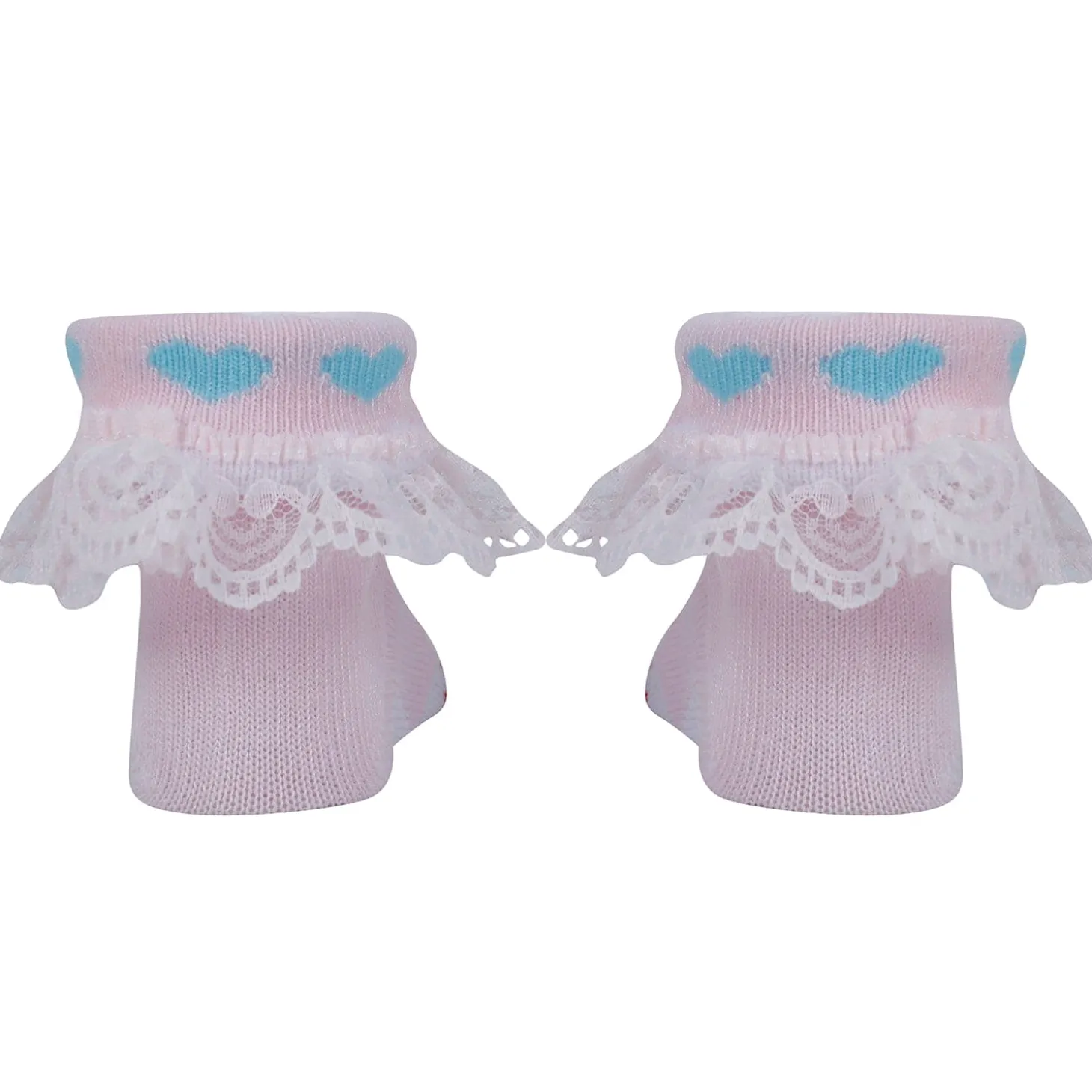 Baby Moo Heart Print Soft Lace Socks Pack of 3 - Pink, Mint Green