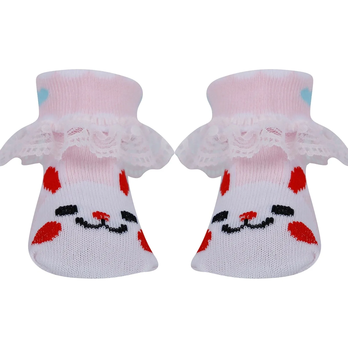 Baby Moo Heart Print Soft Lace Socks Pack of 3 - Pink, Mint Green