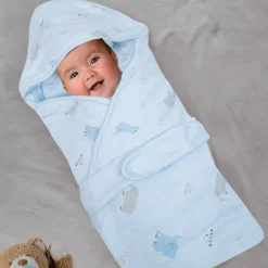Baby Moo Hello Elephant 100 % Cotton Wrapper - Blue