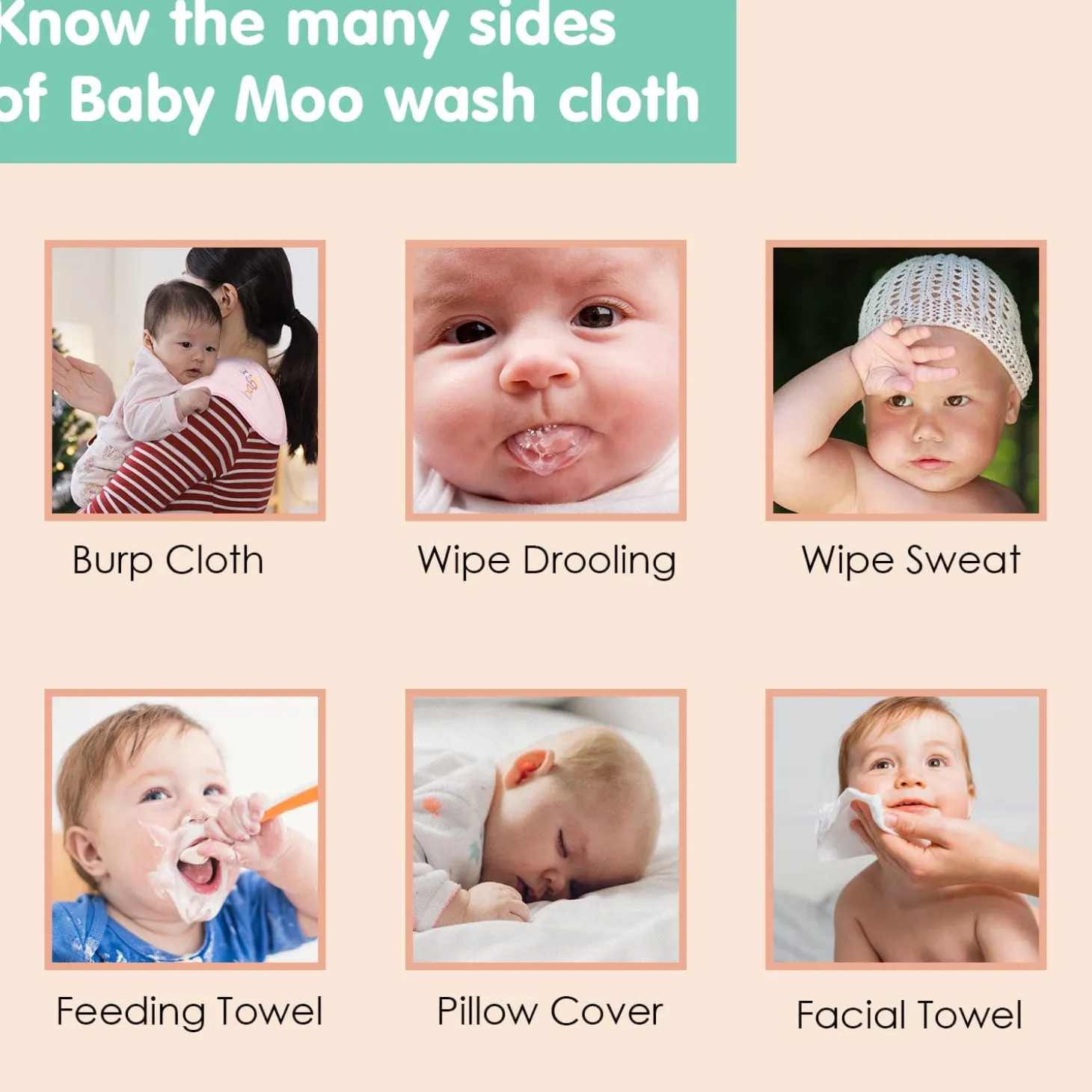 Baby Moo Highly Absorbent Cotton 6 Pcs Wash Cloth - Multicolour