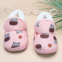 Baby Moo Hippo Face Printed Soft Slip-On Anti-Skid Plush Warm Booties - Pink