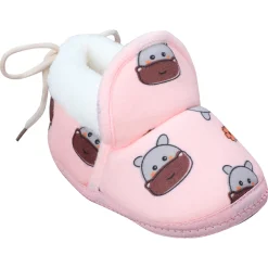 Baby Moo Hippo Face Printed Soft Slip-On Anti-Skid Plush Warm Booties - Pink