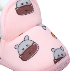 Baby Moo Hippo Face Printed Soft Slip-On Anti-Skid Plush Warm Booties - Pink