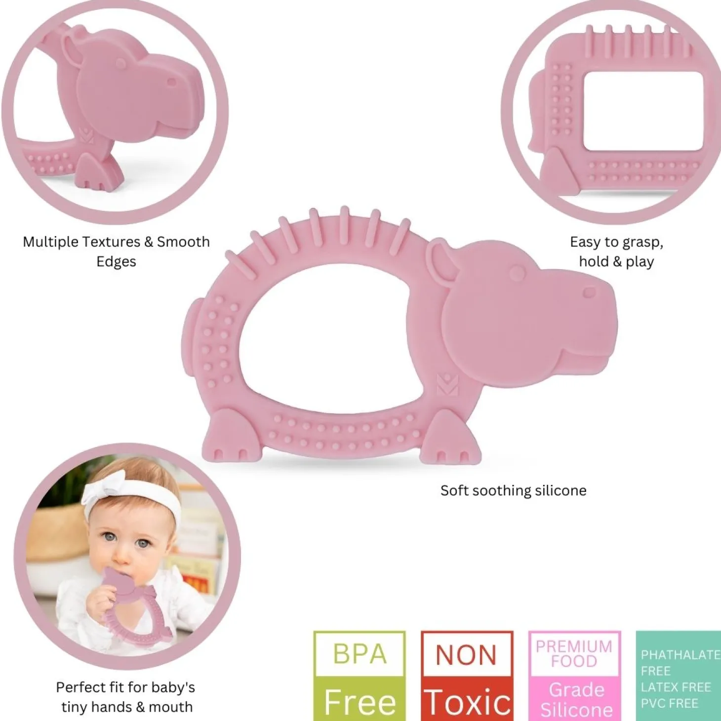 Baby Moo Hippo Soothing Silicon Teether BPA And Toxin Free - Pink