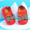 Baby Moo Houndstooth Bow Knot Velcro Strap Anti-Skid Ballerina Booties - Red