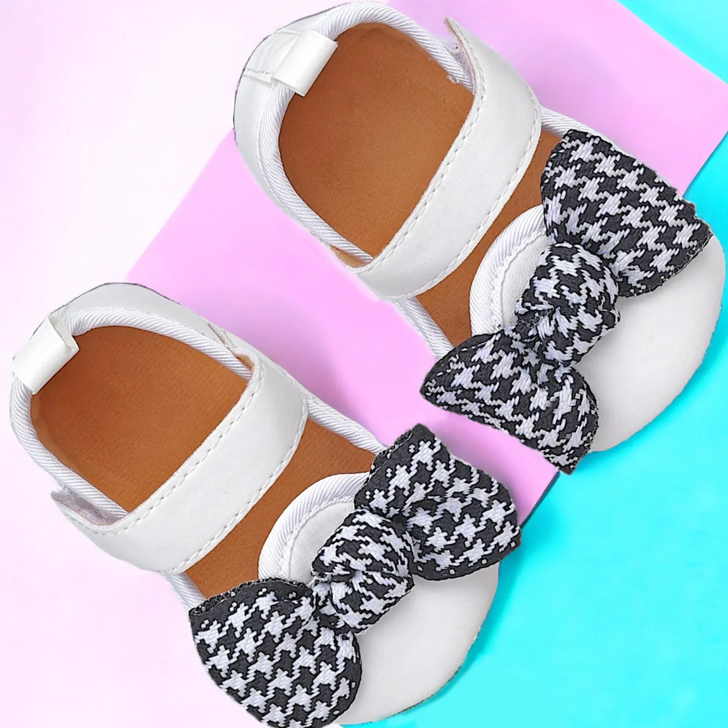Baby Moo Houndstooth Bow Knot Velcro Strap Anti-Skid Ballerina Booties - White