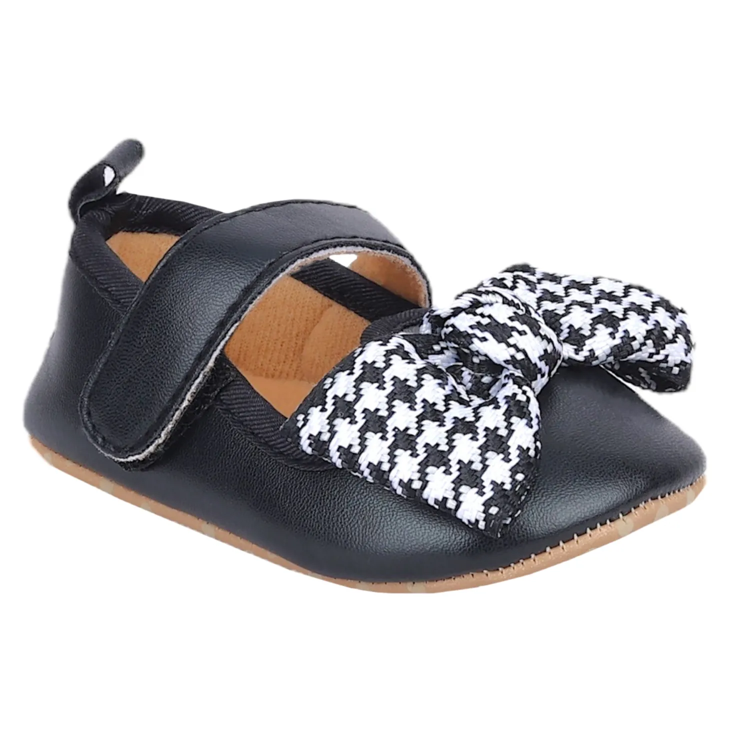 Baby Moo Houndstooth Bow Knot Velcro Strap Anti-Skid Ballerina Booties - Black