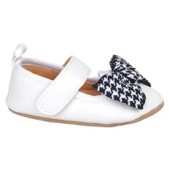 Baby Moo Houndstooth Bow Knot Velcro Strap Anti-Skid Ballerina Booties - White