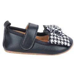 Baby Moo Houndstooth Bow Knot Velcro Strap Anti-Skid Ballerina Booties - Black