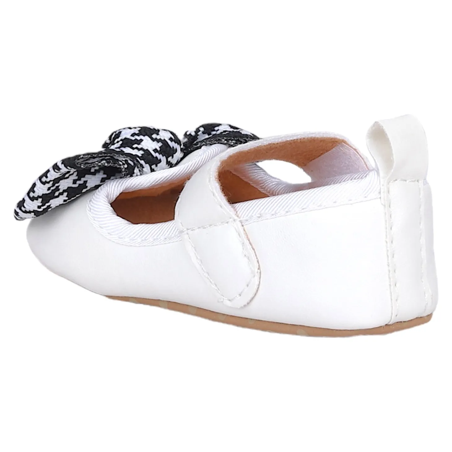 Baby Moo Houndstooth Bow Knot Velcro Strap Anti-Skid Ballerina Booties - White