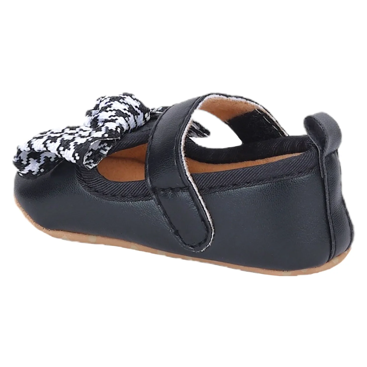 Baby Moo Houndstooth Bow Knot Velcro Strap Anti-Skid Ballerina Booties - Black