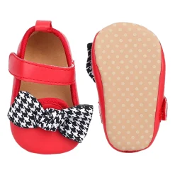 Baby Moo Houndstooth Bow Knot Velcro Strap Anti-Skid Ballerina Booties - Red