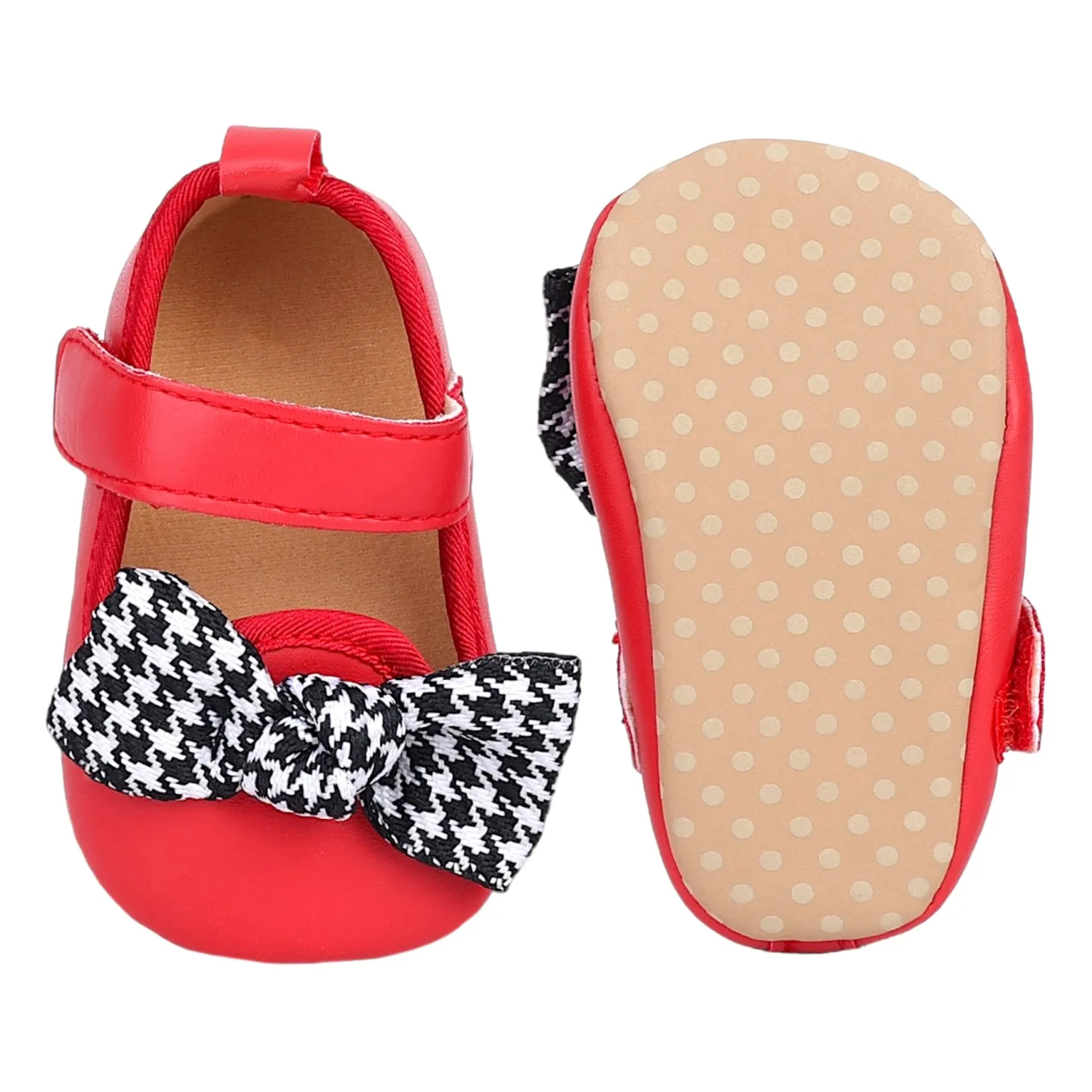 Baby Moo Houndstooth Bow Knot Velcro Strap Anti-Skid Ballerina Booties - Red