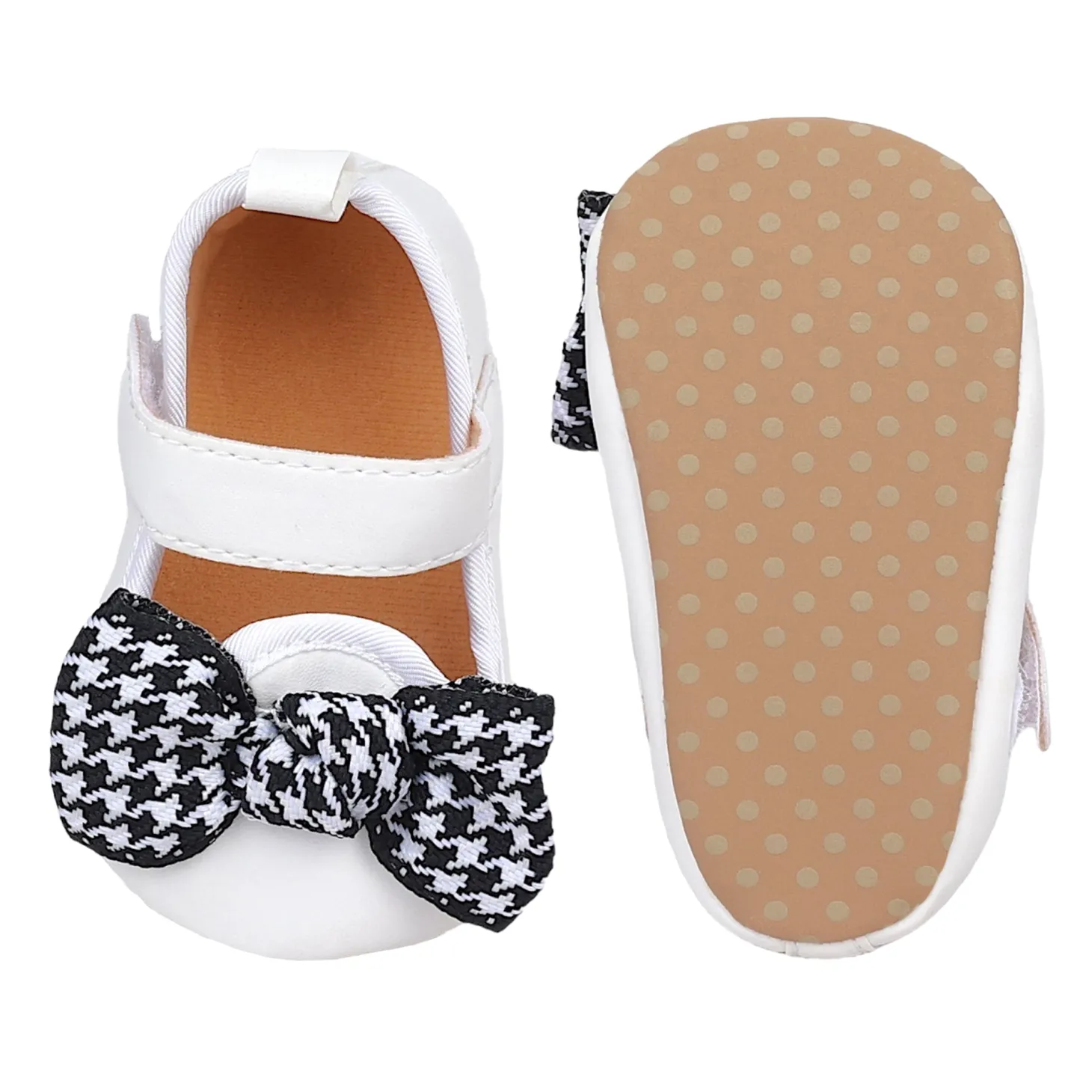Baby Moo Houndstooth Bow Knot Velcro Strap Anti-Skid Ballerina Booties - White
