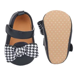Baby Moo Houndstooth Bow Knot Velcro Strap Anti-Skid Ballerina Booties - Black