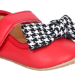 Baby Moo Houndstooth Bow Knot Velcro Strap Anti-Skid Ballerina Booties - Red