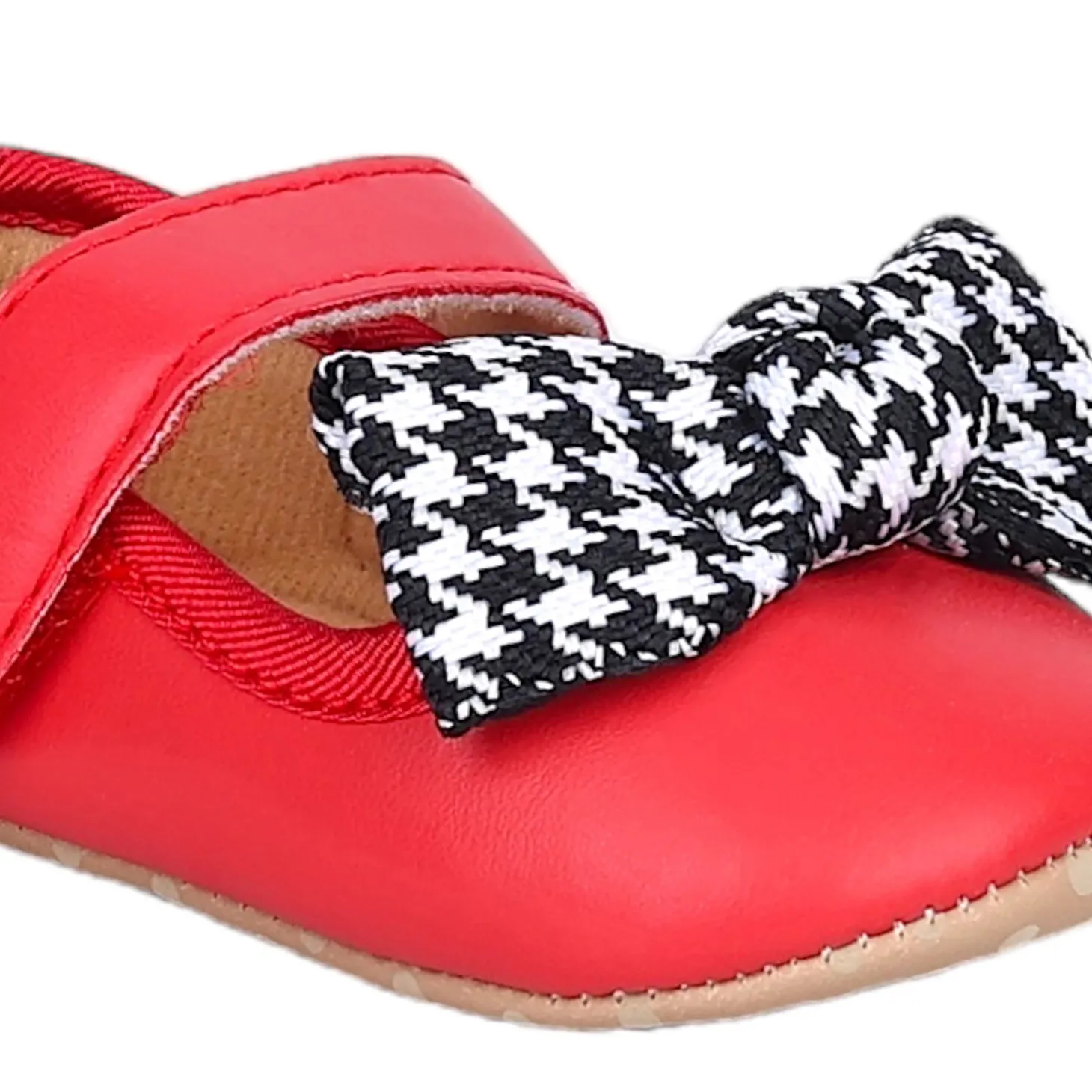 Baby Moo Houndstooth Bow Knot Velcro Strap Anti-Skid Ballerina Booties - Red
