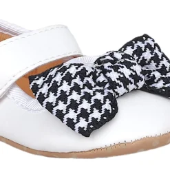 Baby Moo Houndstooth Bow Knot Velcro Strap Anti-Skid Ballerina Booties - White