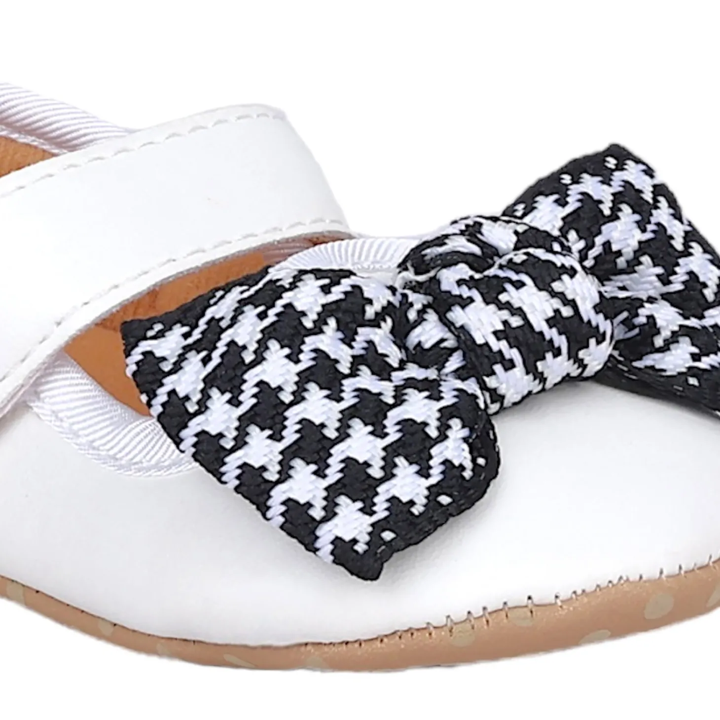 Baby Moo Houndstooth Bow Knot Velcro Strap Anti-Skid Ballerina Booties - White