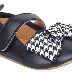 Baby Moo Houndstooth Bow Knot Velcro Strap Anti-Skid Ballerina Booties - Black