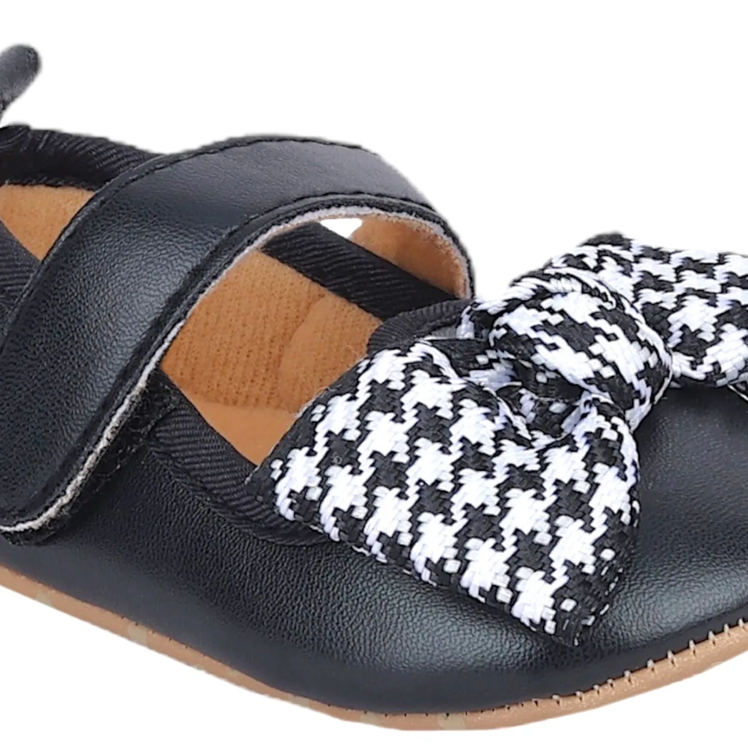 Baby Moo Houndstooth Bow Knot Velcro Strap Anti-Skid Ballerina Booties - Black