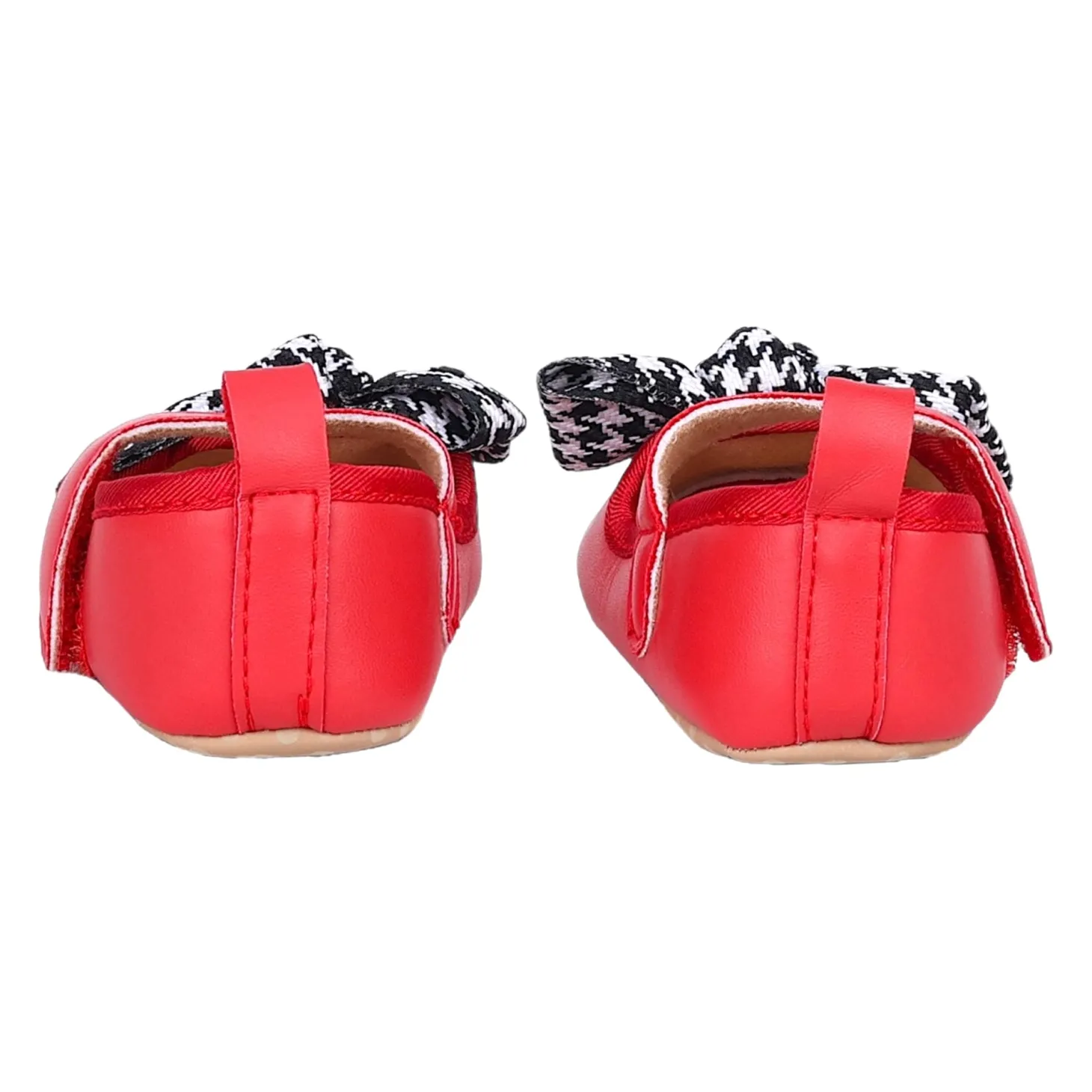 Baby Moo Houndstooth Bow Knot Velcro Strap Anti-Skid Ballerina Booties - Red