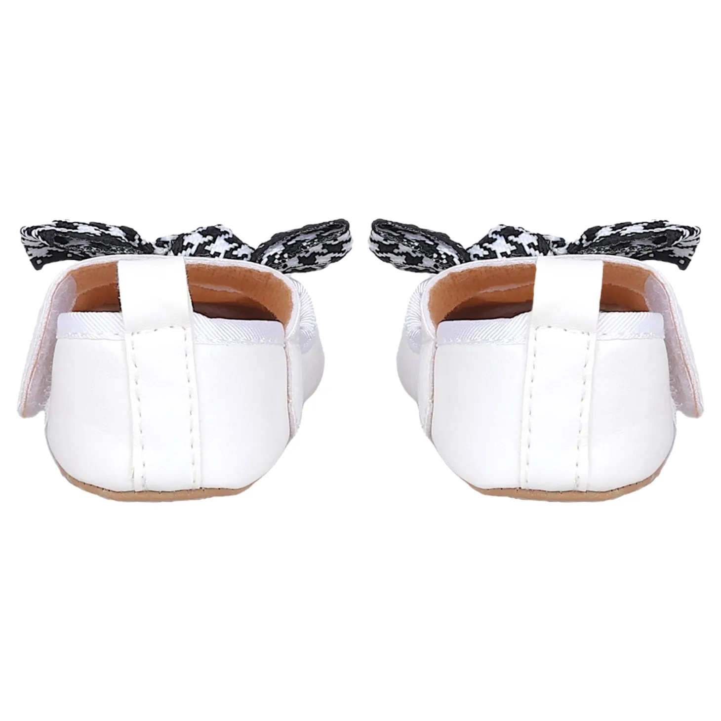 Baby Moo Houndstooth Bow Knot Velcro Strap Anti-Skid Ballerina Booties - White