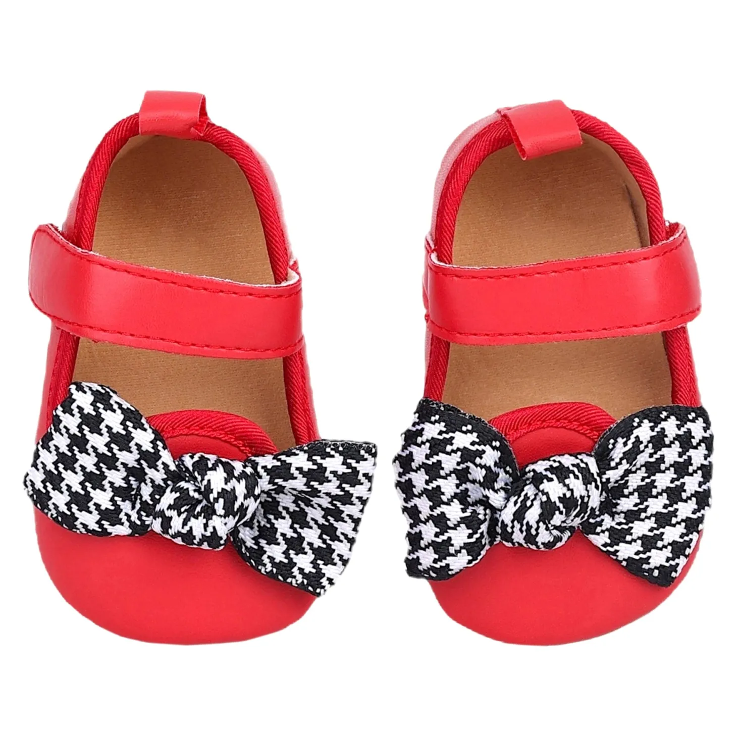 Baby Moo Houndstooth Bow Knot Velcro Strap Anti-Skid Ballerina Booties - Red