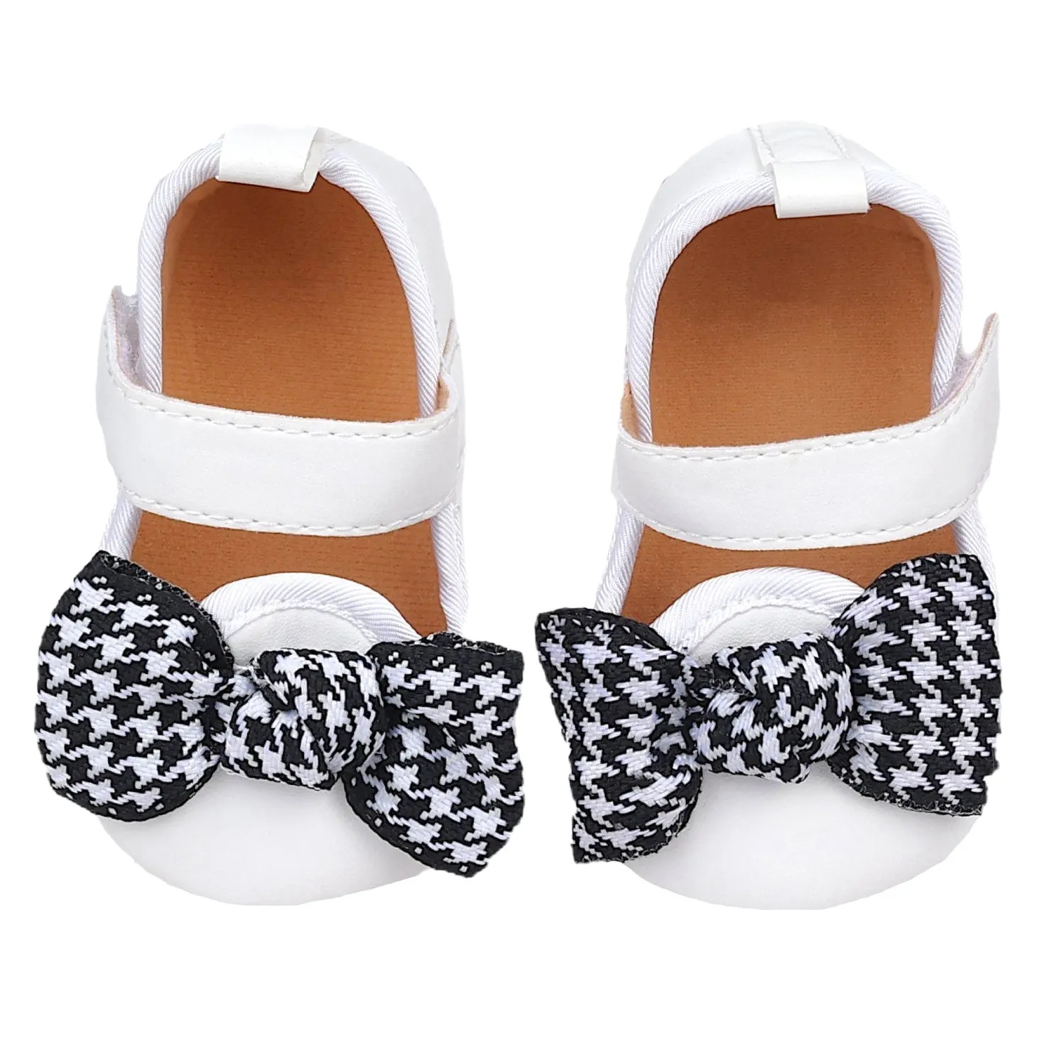 Baby Moo Houndstooth Bow Knot Velcro Strap Anti-Skid Ballerina Booties - White