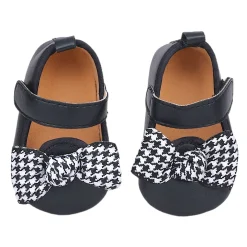 Baby Moo Houndstooth Bow Knot Velcro Strap Anti-Skid Ballerina Booties - Black