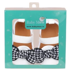 Baby Moo Houndstooth Bow Knot Velcro Strap Anti-Skid Ballerina Booties - White