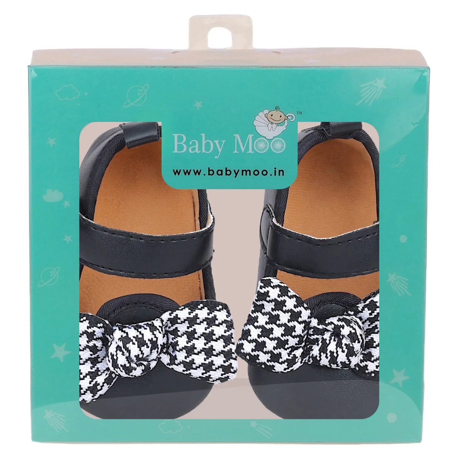 Baby Moo Houndstooth Bow Knot Velcro Strap Anti-Skid Ballerina Booties - Black