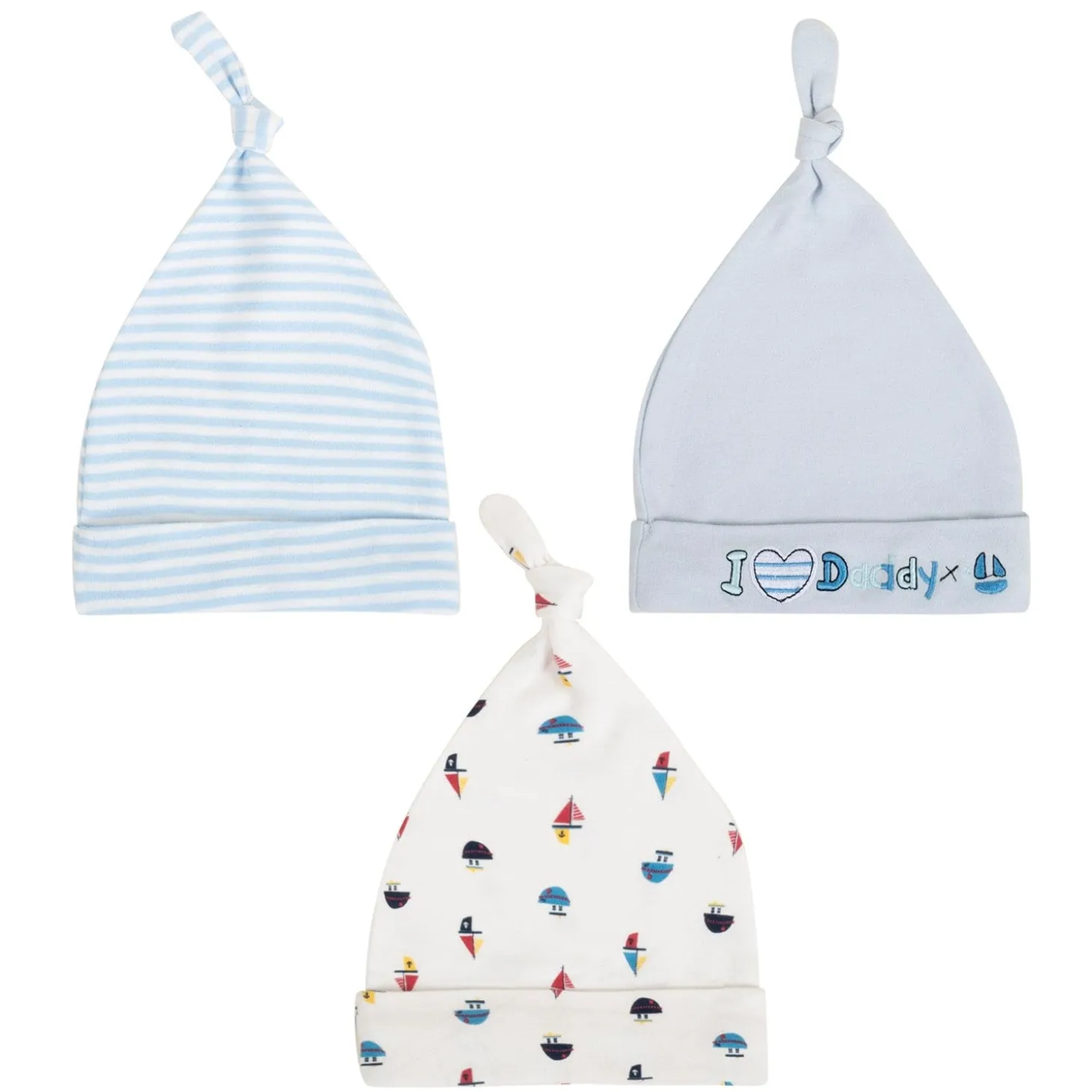 Baby Moo I Love Daddy Knotted Infants Ultra Soft 100% Cotton All Season Pack of 3 Caps - Blue