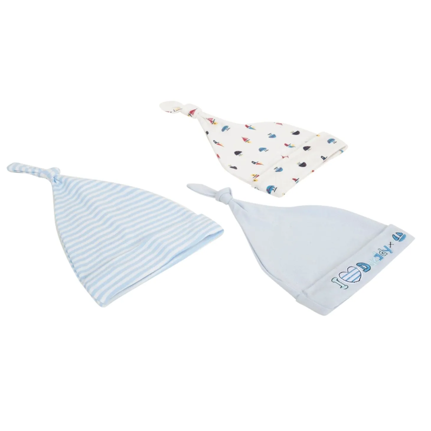 Baby Moo I Love Daddy Knotted Infants Ultra Soft 100% Cotton All Season Pack of 3 Caps - Blue