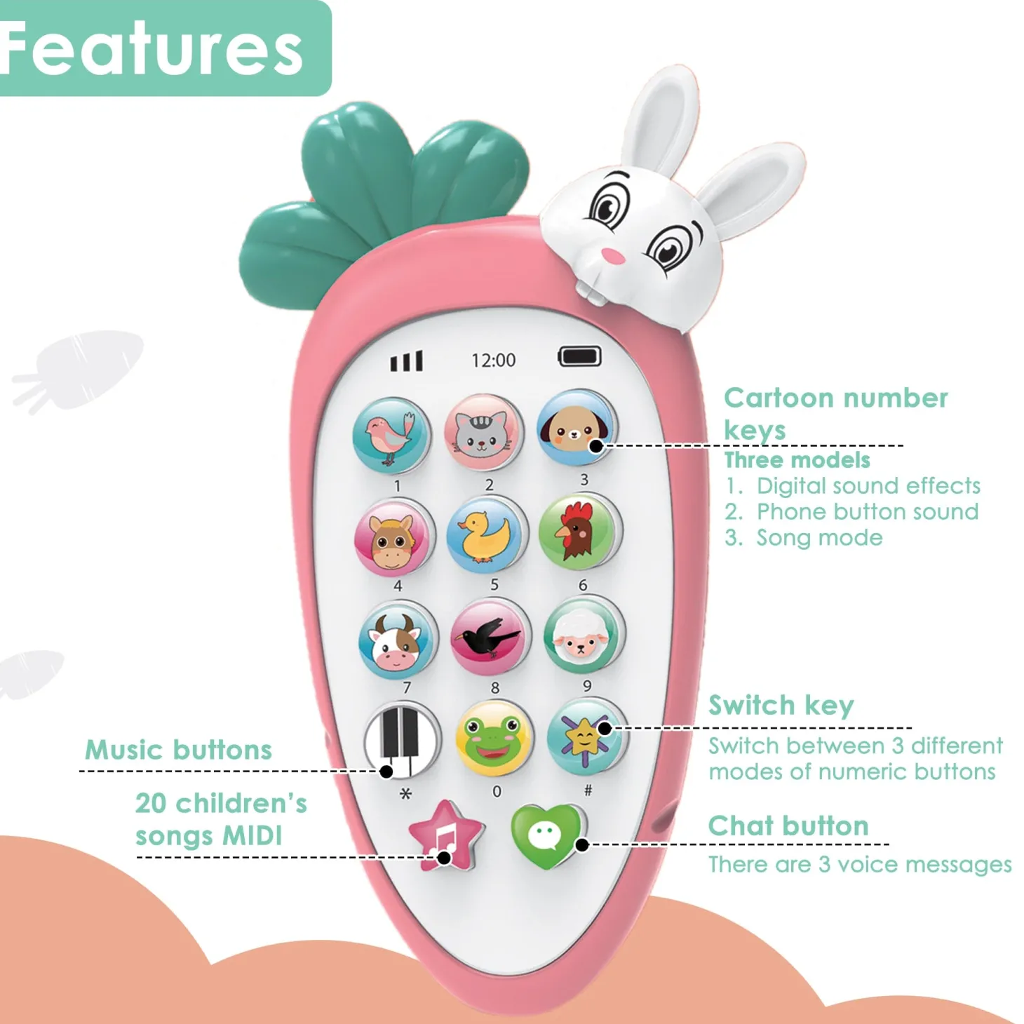 Baby Moo intelligent Bunny Interactive Musical Mobile Phone Toy For Kids With 20 Built-in Songs, Animal Sounds & Chat Button - Pink