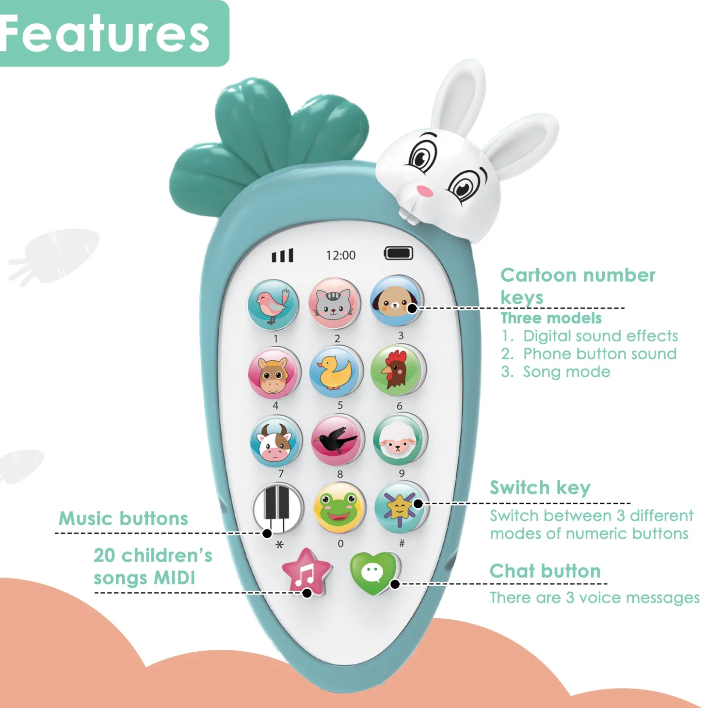 Baby Moo intelligent Bunny Interactive Musical Mobile Phone Toy For Kids With 20 Built-in Songs, Animal Sounds & Chat Button - Blue
